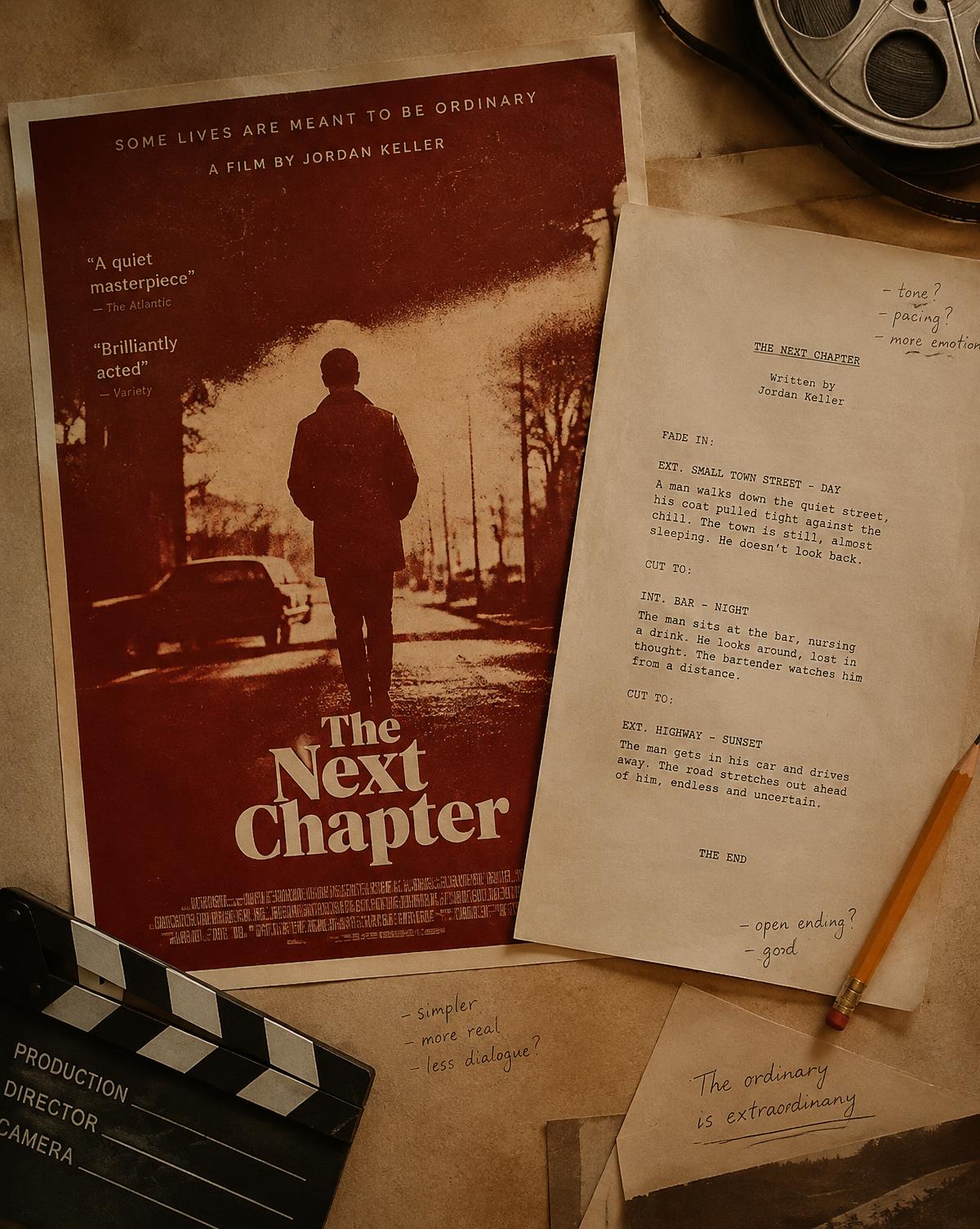 Work-in-progress movie poster and annotated screenplay pages for Your Life as a Movie