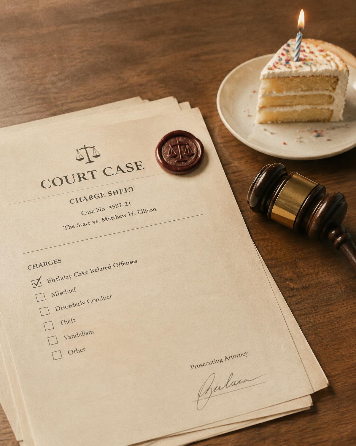 Birthday Trial charge sheet with wax seal, gavel and birthday cake